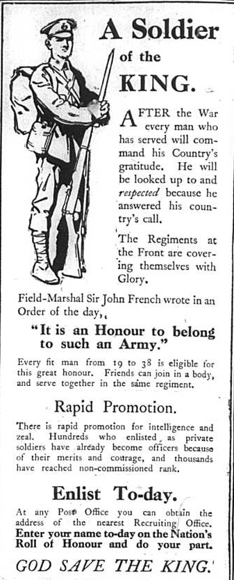 Advert, Saltaire War Diary, 11 Dec 1914